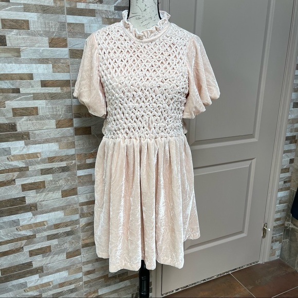 FREE PEOPLE - Gum Drop Mini Dress Velvet Pink Peach Babydoll open back Sz M - Picture 3 of 15